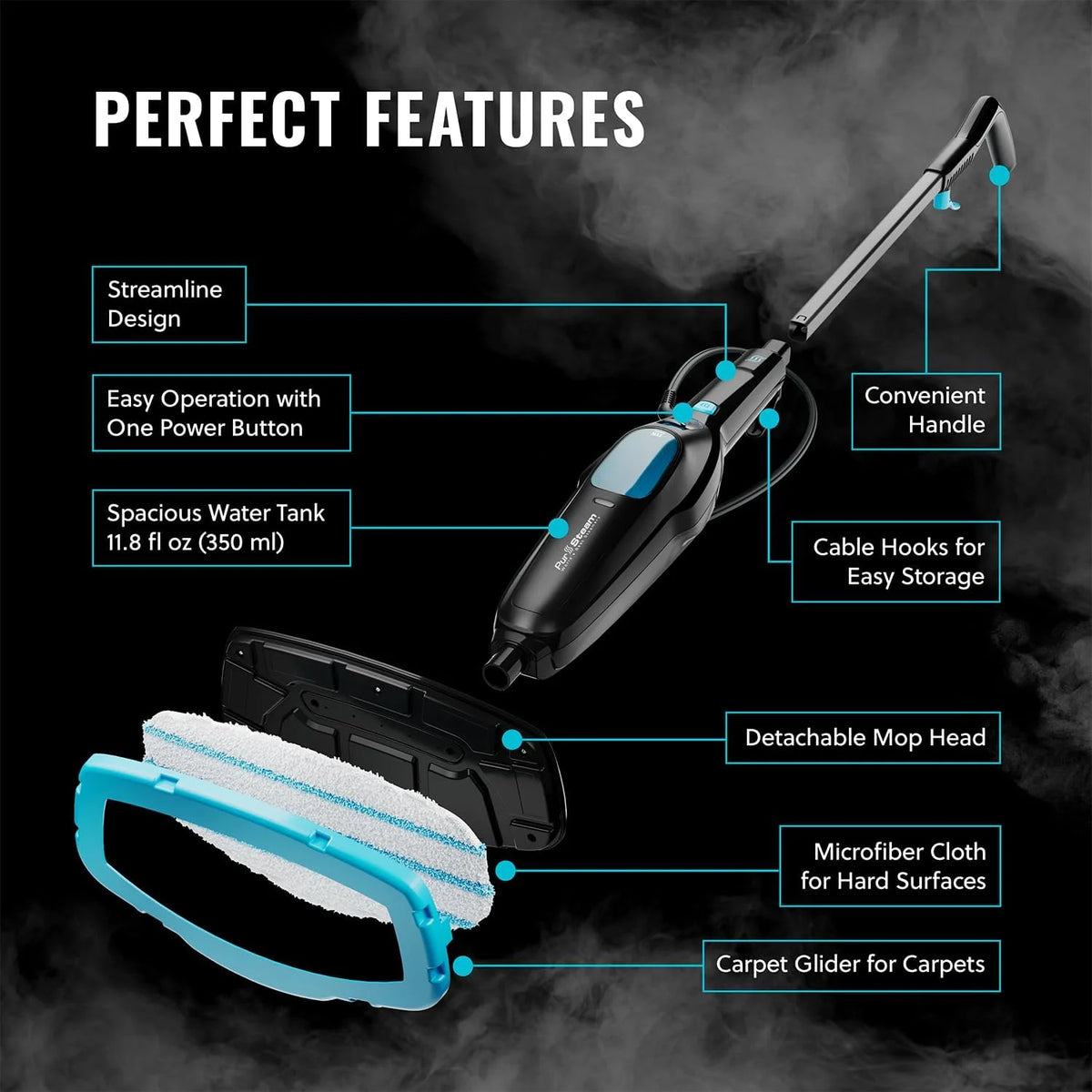 Pursteam ScrubMaster Steam Mop with Dual Scrubbing Head, LED Headlights, Adjustable Steam Control, Anti-Slip Swivel Head, Cable Holder & Upright Lock