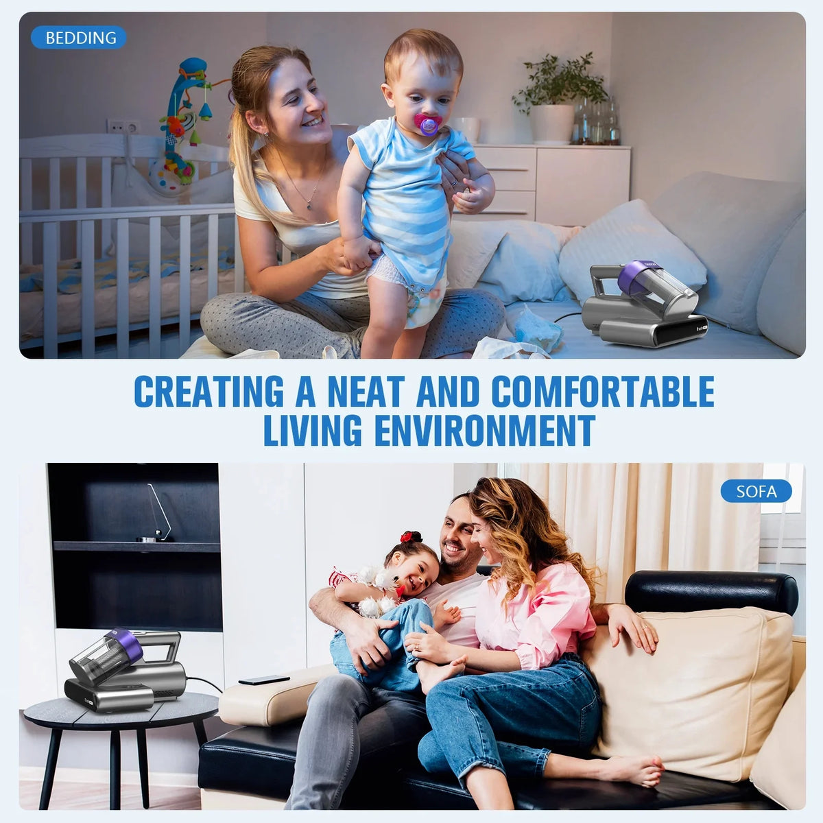 ONSON 16Kpa Powerful Mattress Vacuum Cleaner with 3 Filters, 2 Speed Deep Sofa Vacuum Cleaner with Purple Light, Cordless Vacuum for Mattress, Bed