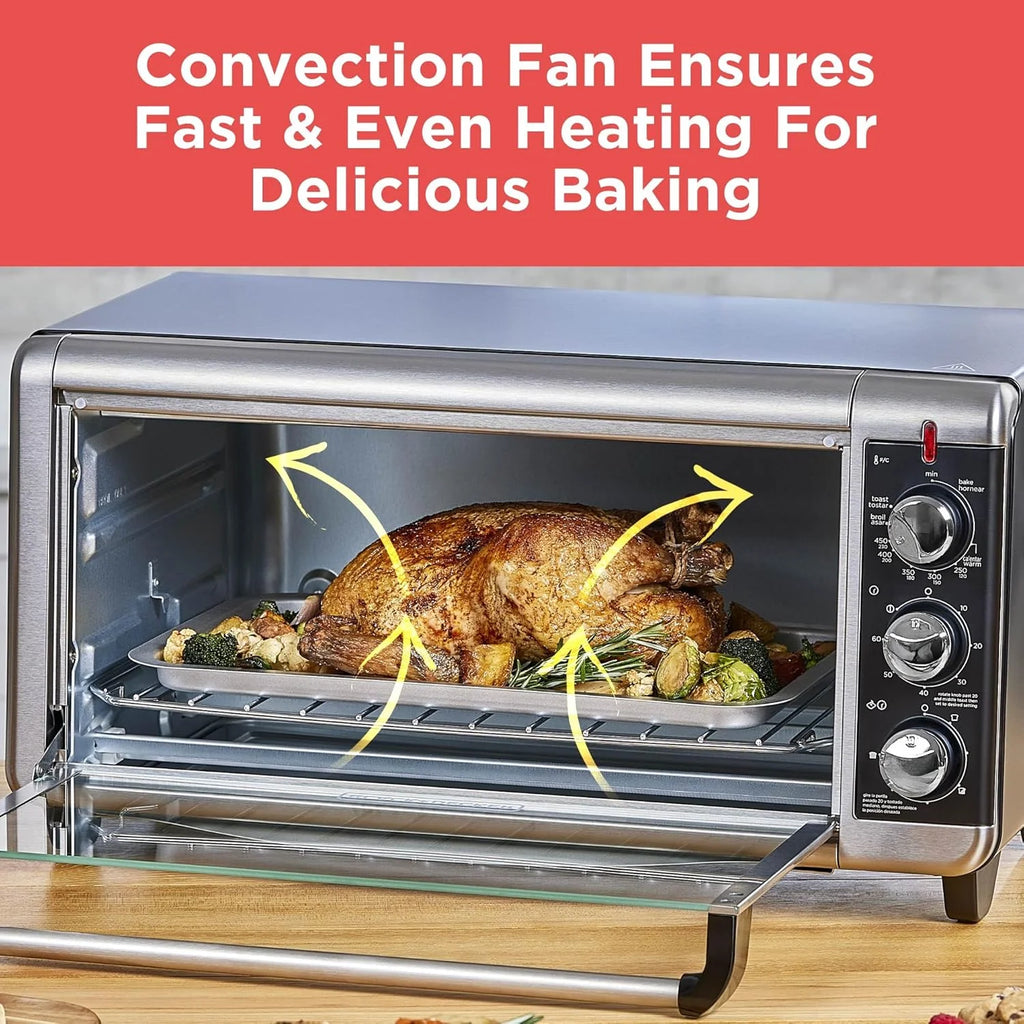 8-Slice Extra Wide Convection Toaster Oven, Fits 9"x13" Oven Pans and 12" Pizza, Bake, Toast, Broil, and Keep Warm Functions, Countertop Compact Design with Stainless Steel Finish