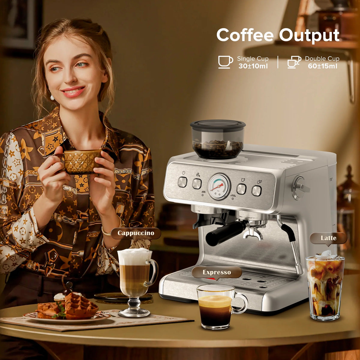 Auseo  20 Bar Automatic Espresso Coffee Maker with Grinder and Milk Frother Steam Wand, Drip Hot Coffee, 1&2 Cups, Espresso/Cappuccino/Latte/Mocha for Home, Stainless Steel