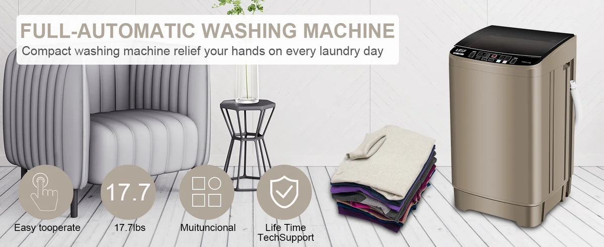 17.7 lbs Full Automatic Washing Machine with LED Display Compact Washing Machine with Drain Dump, 10 Wash Programs and 8 Water Levels Ideal for Dorms, Apartments, Grey