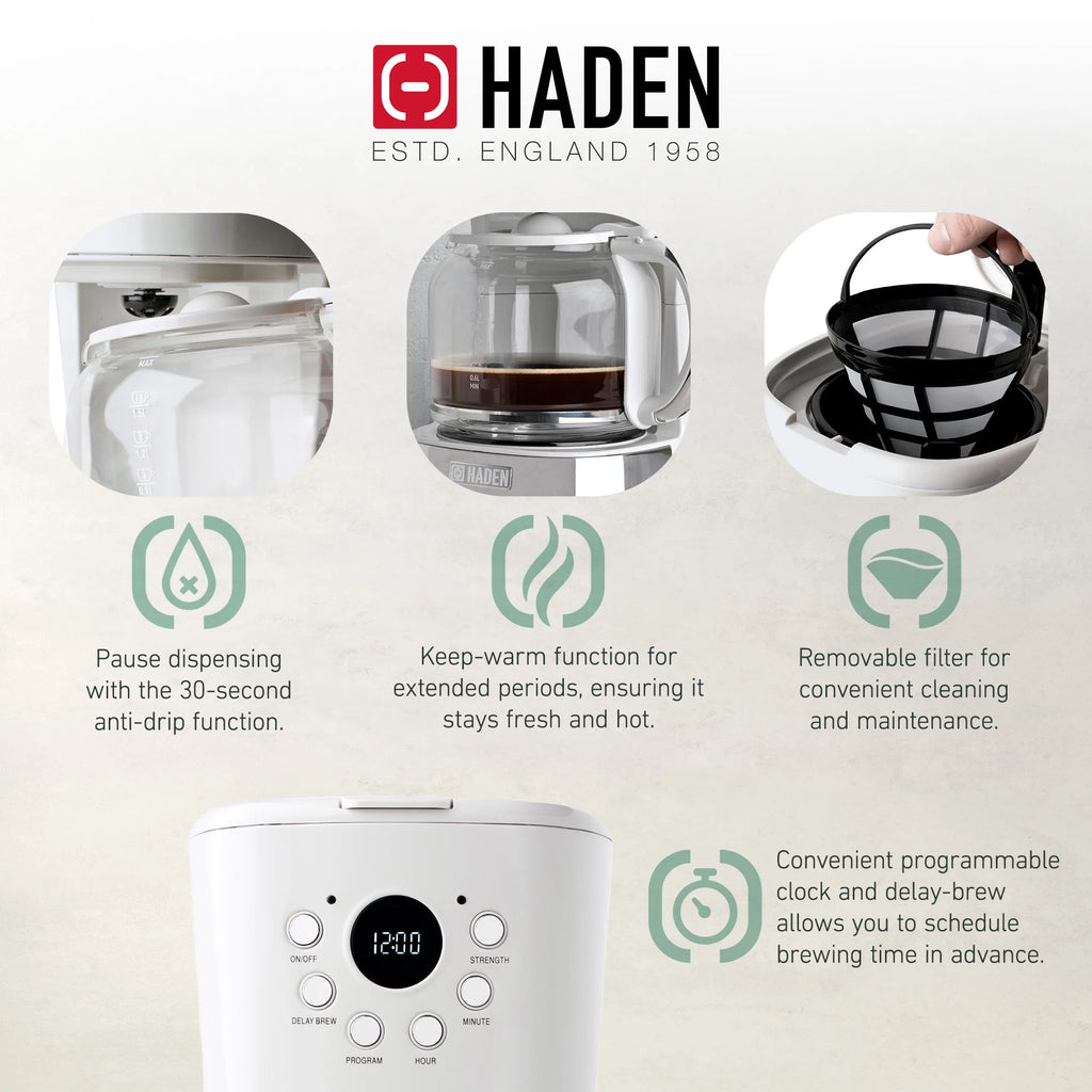 Haden 12 Cup Coffee Maker with 2 Slice Stainless Steel Bread Toaster, White