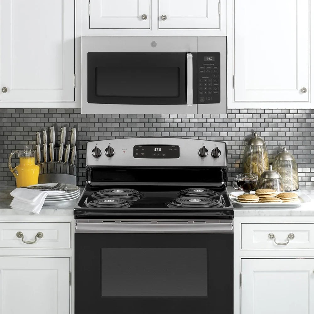 GE JVM3160RFSS 1.6 Cu. Ft. Over-the-Range Microwave Oven Stainless Steel Bundle with Deco Chef Pair of Red Heat Resistant Oven Mitt and 3 YR CPS Enhanced Protection Pack