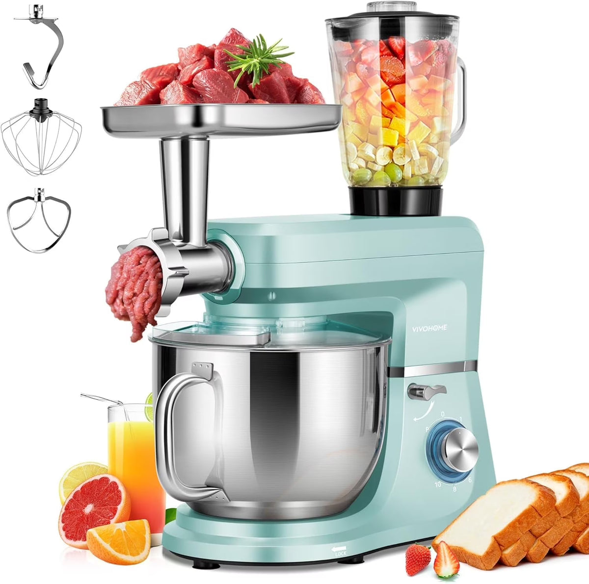 SPECSTAR 6 in 1 Multifunctional Stand Mixer with 8.5 Quart Stainless Steel Bowl, 660W 10 Speed Tilt-Head, Silver