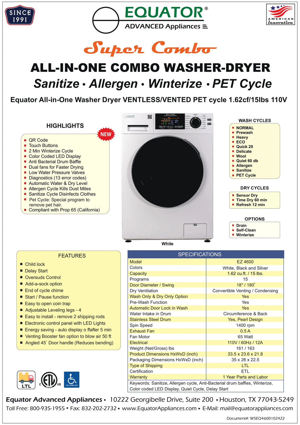 Equator 1.62 cu.ft./15 lbs All in One Combo Washer Dryer with Pet Cycle Silver