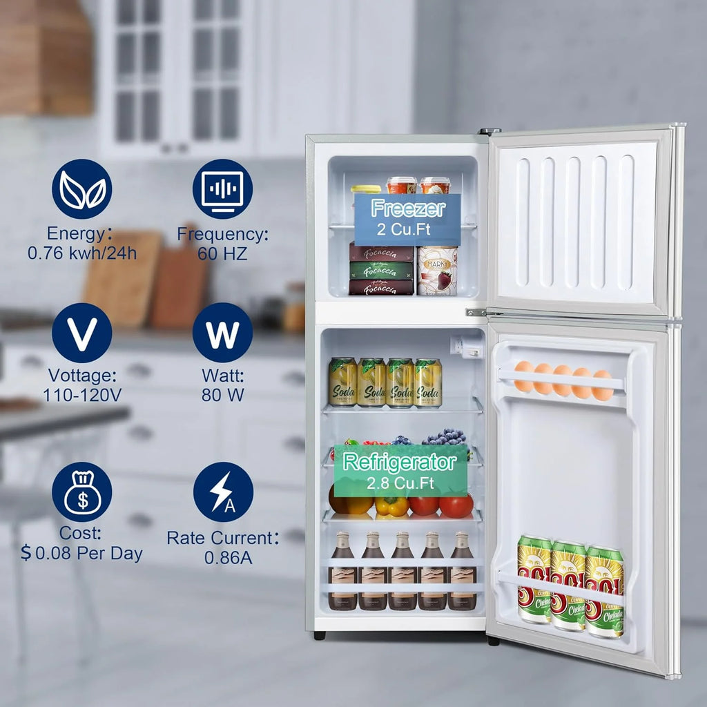 Kcpolre 4.8 Cu.ft Refrigerator with Freezer, 2-Door RV Fridge with Adjustable Thermostat, Compact Refrigerator with Freezer for Home, Kichen, Apartment, Office, Silver