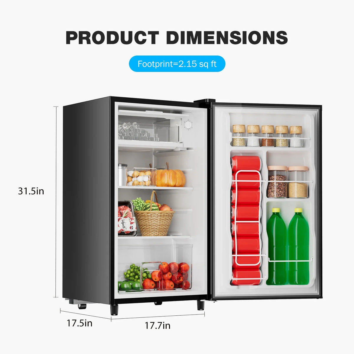 CONCETTA Mini Fridge With Freezer 3.2 Cu.Ft Single Door Adjustable Thermostat, Low Noise, For Bedroom, Office, Dorm, Black