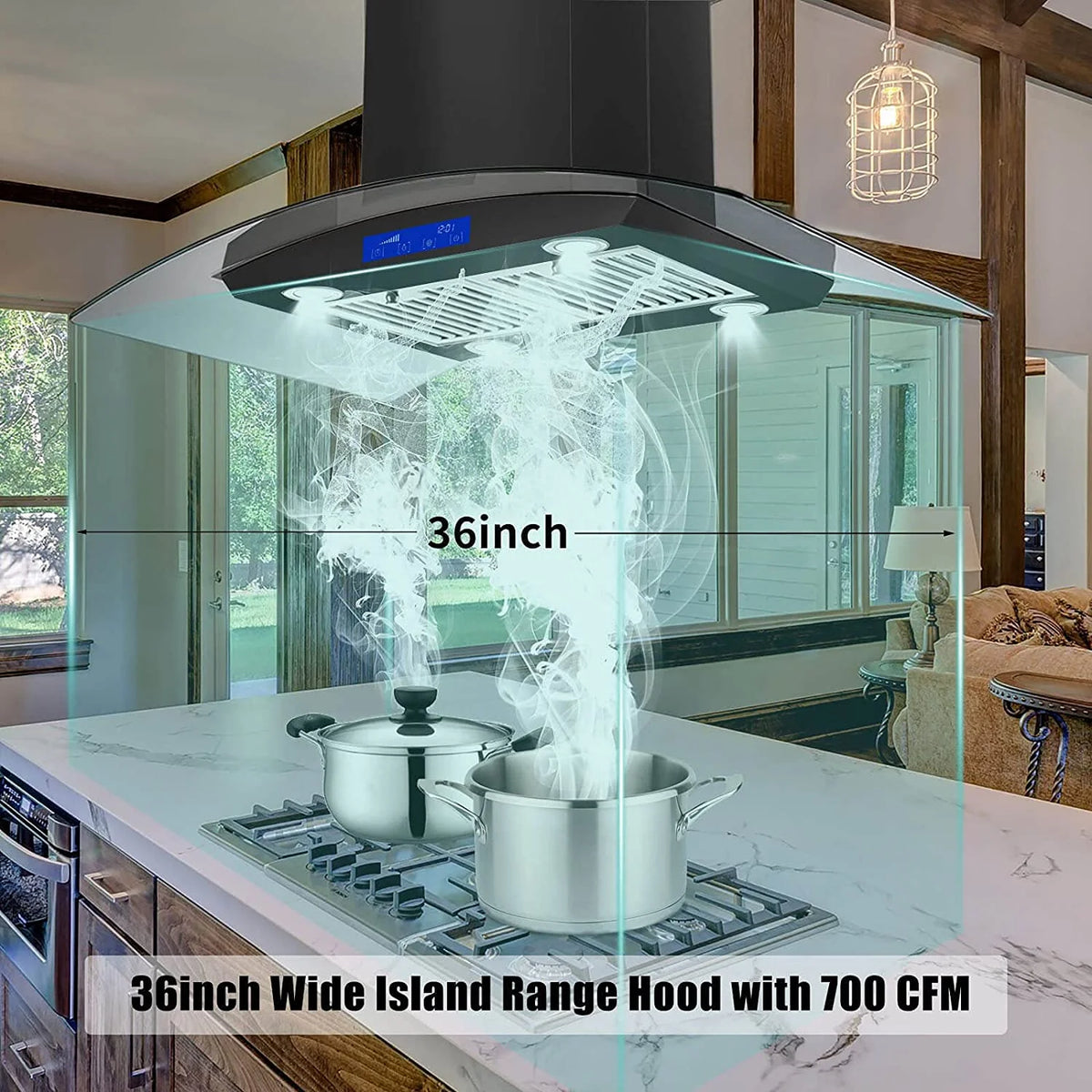 Island Mount Range Hood 36 inch Kitchen 3-Speed Extractor Fan Mesh filter Tempered Glass