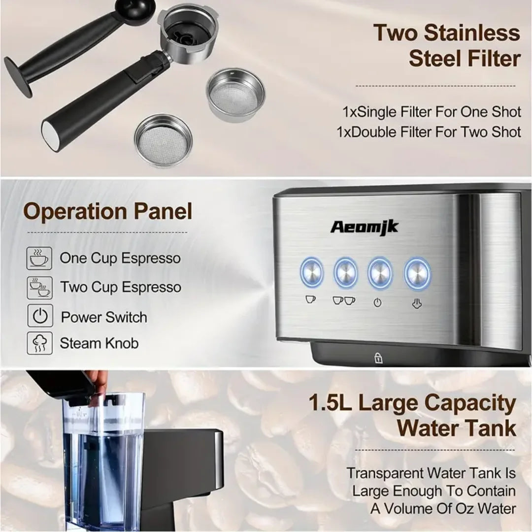 AEOMJK Semi-Automatic Espresso Machine,20 Bar Pressure,1.5L Removable Water Tank,Design for Cappuccino & Latte Making, Coffee Brewing