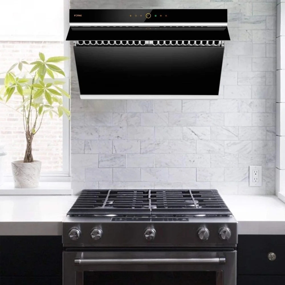 FOTILE Slant Vent Series 30" 1000 CFM Under Cabinet or Wall Mount Range Hood with 2 LED lights, Motion and Touch Activation in Onyx Black Tempered Glass