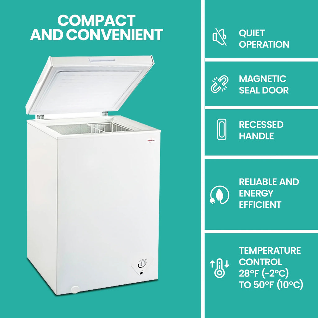 Koolatron 3.5 cu ft Compact Chest Freezer 99L White Manual Defrost Deep Freeze Storage Basket Space-Saving Flat Back