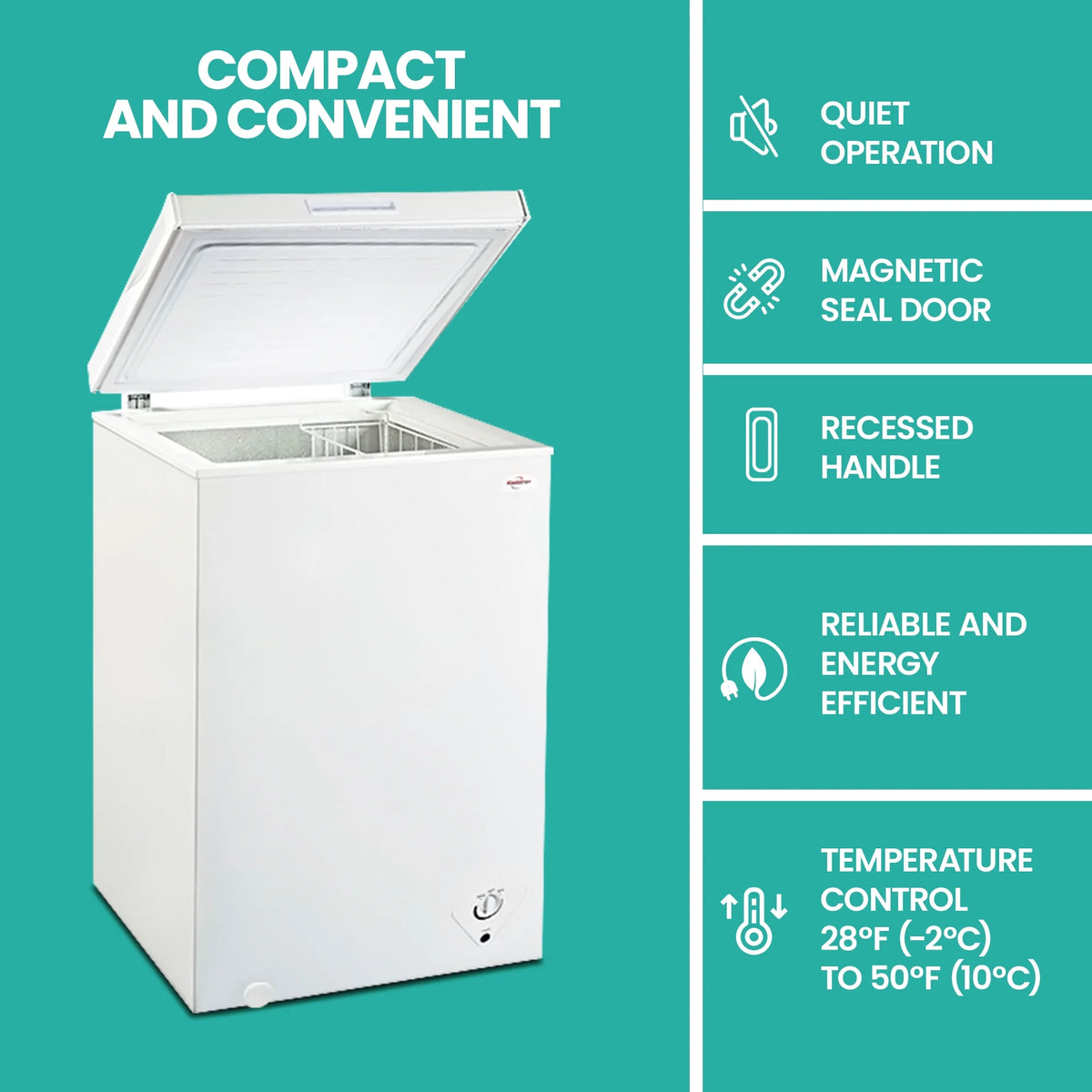 Koolatron 3.5 cu ft Compact Chest Freezer 99L White Manual Defrost Deep Freeze Storage Basket Space-Saving Flat Back
