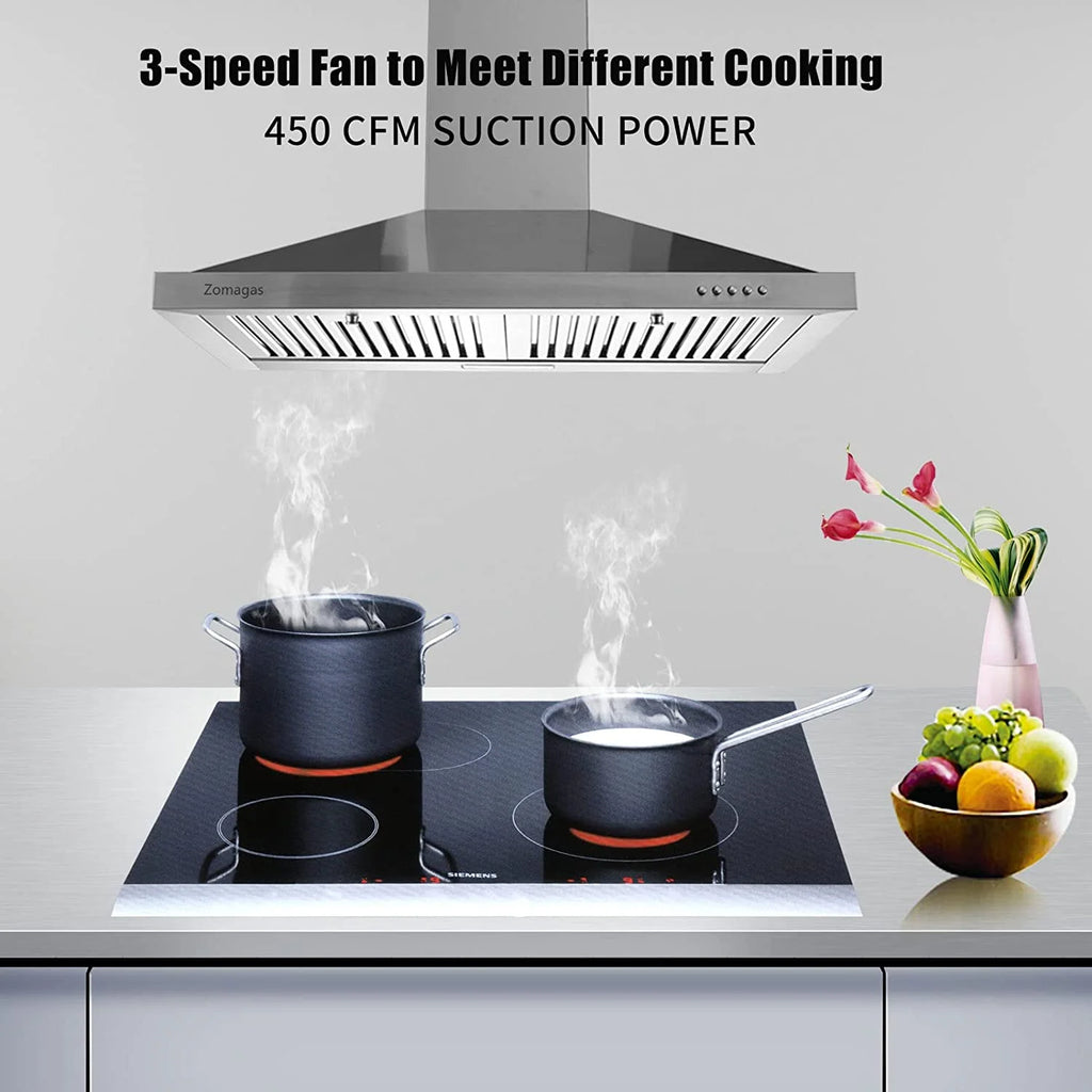 Zomagas 24 inch Wall Mount Range Hood 450CFM Exhaust Vent Stainless with Dishwasher Clean Filter 120V
