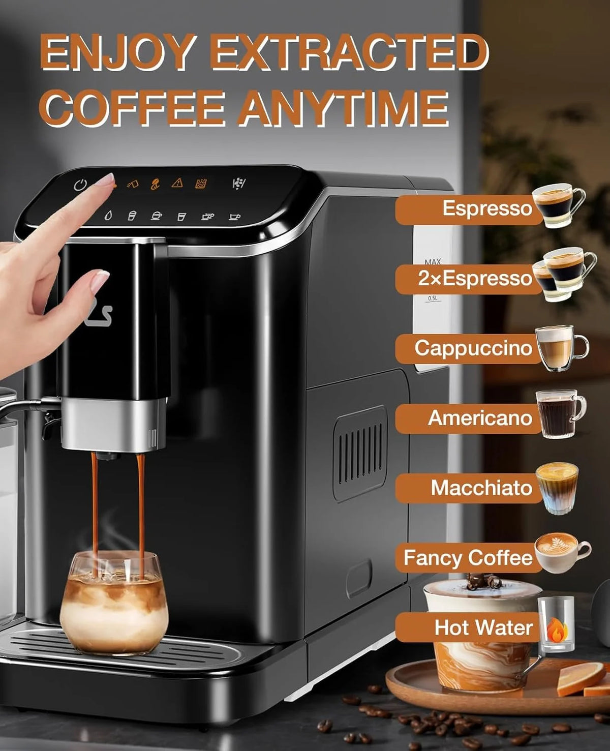 WALYWIK Fully Automatic Espresso Machine with Built-In Adjustable Grinder, Milk Frother, 20-Bar Pump, 1.5L Water Tank, Touch Panel Control for Espresso, Latte & Cappuccino �?Black
