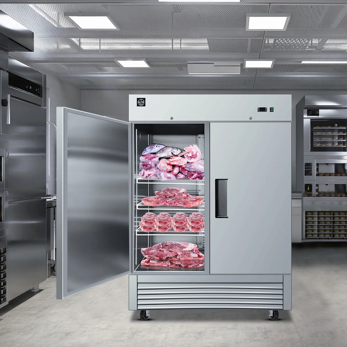 NSF 55 in. 2-Door Reach In Commercial Freezer 47 Cu.Ft. Stainless Steel Freezer Solid Door C55F