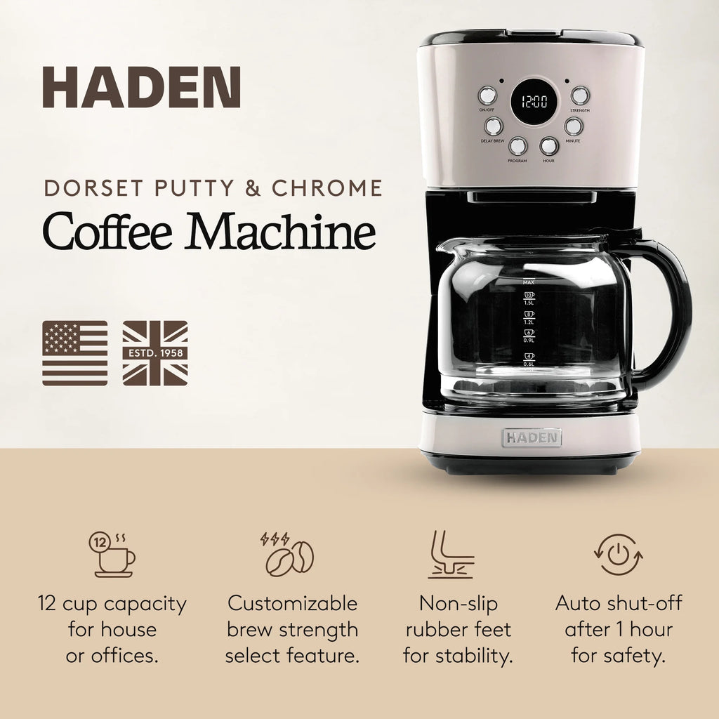 Open Box Haden Coffee Machine 12 Cup Programmable Drip CoffeeMaker Putty/Chrome