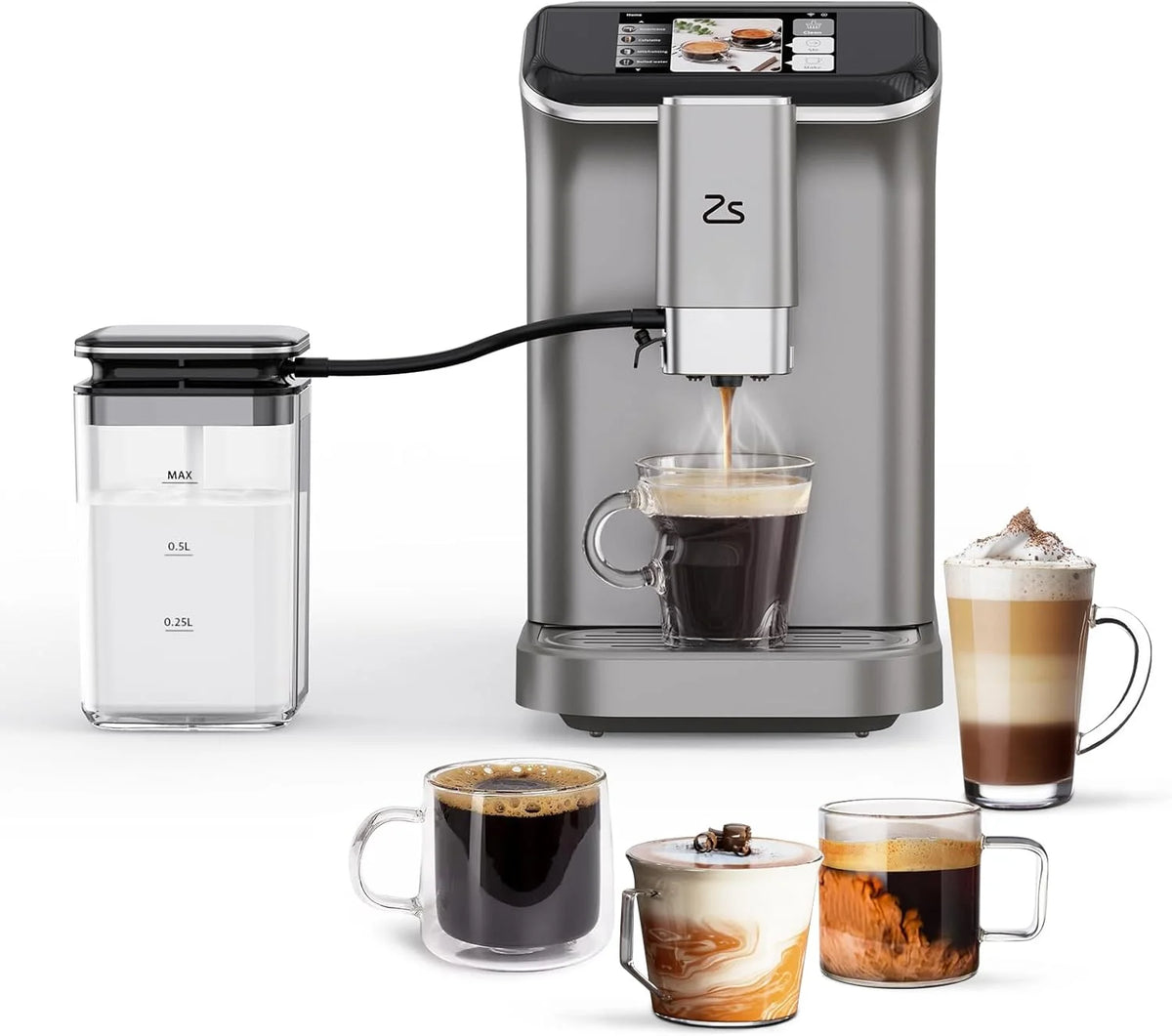 Fully Automatic Espresso Machine, 7 Coffee Varieties, 20-Bar Coffee Espresso Machine with Automatic Milk Frother, 7 Coffee Varieties, Intuitive Touch Display, 1.5-L Water Tank