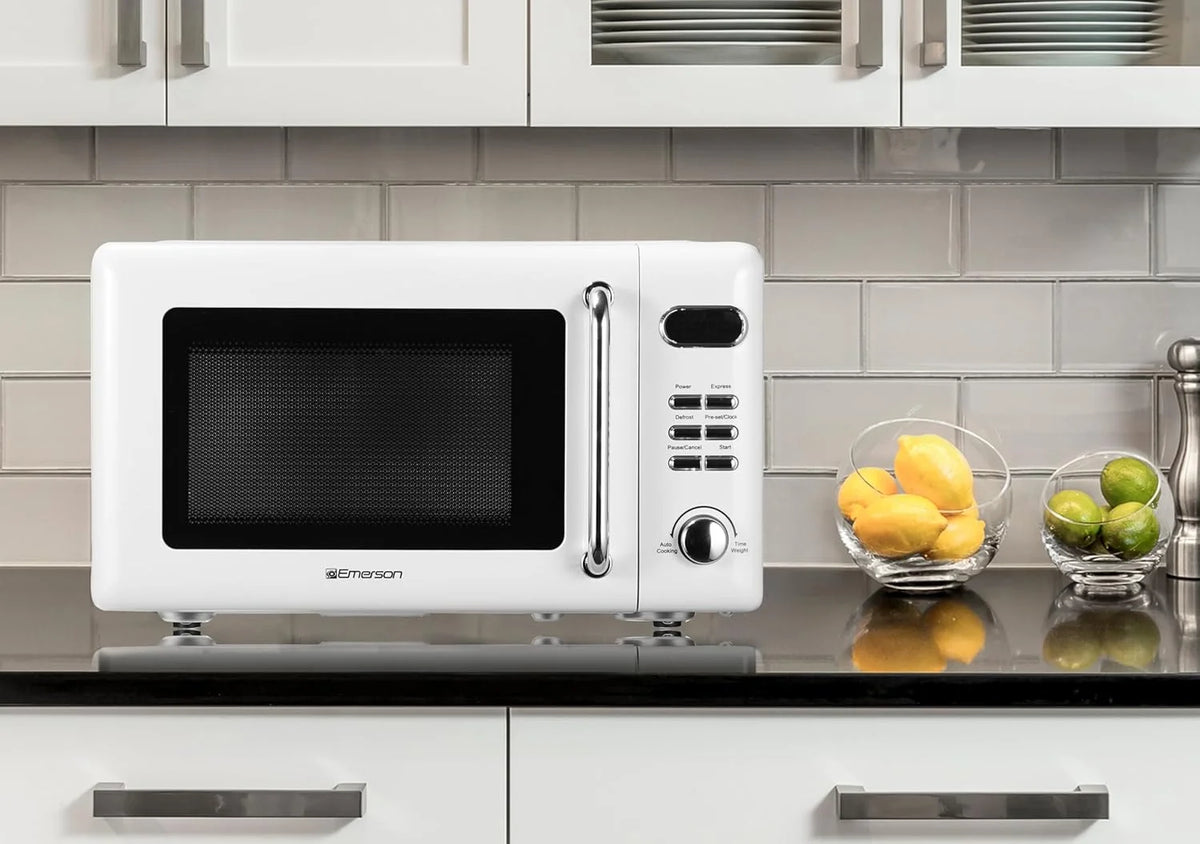 Countertop Microwave Oven with Push Button Control, LED Display, 700W 5 Power Levels, 8 Auto Menus, Glass Turntable and Child Safety Lock, 0.7-inch��Thunderbird Blue