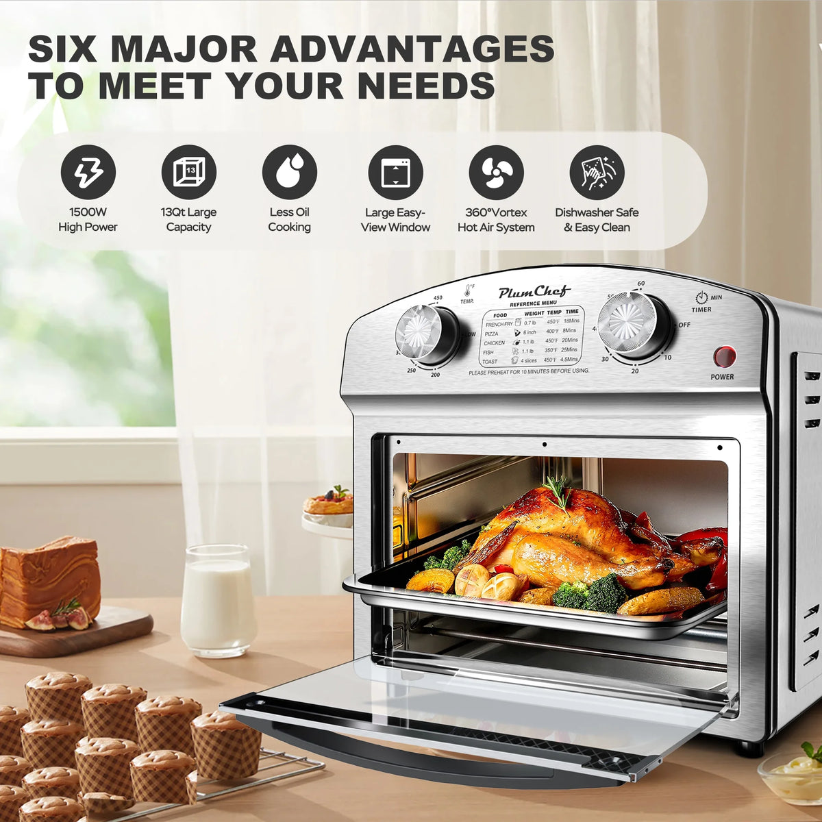 PlumChef 13 Quart 4 Slices Air Fryer Convection Toaster Oven, 1500W, 7 in 1 Multifunction with Roast, Bake, Grill, Broil, Toast, Dehydrate, Defrost, Stainless Steel