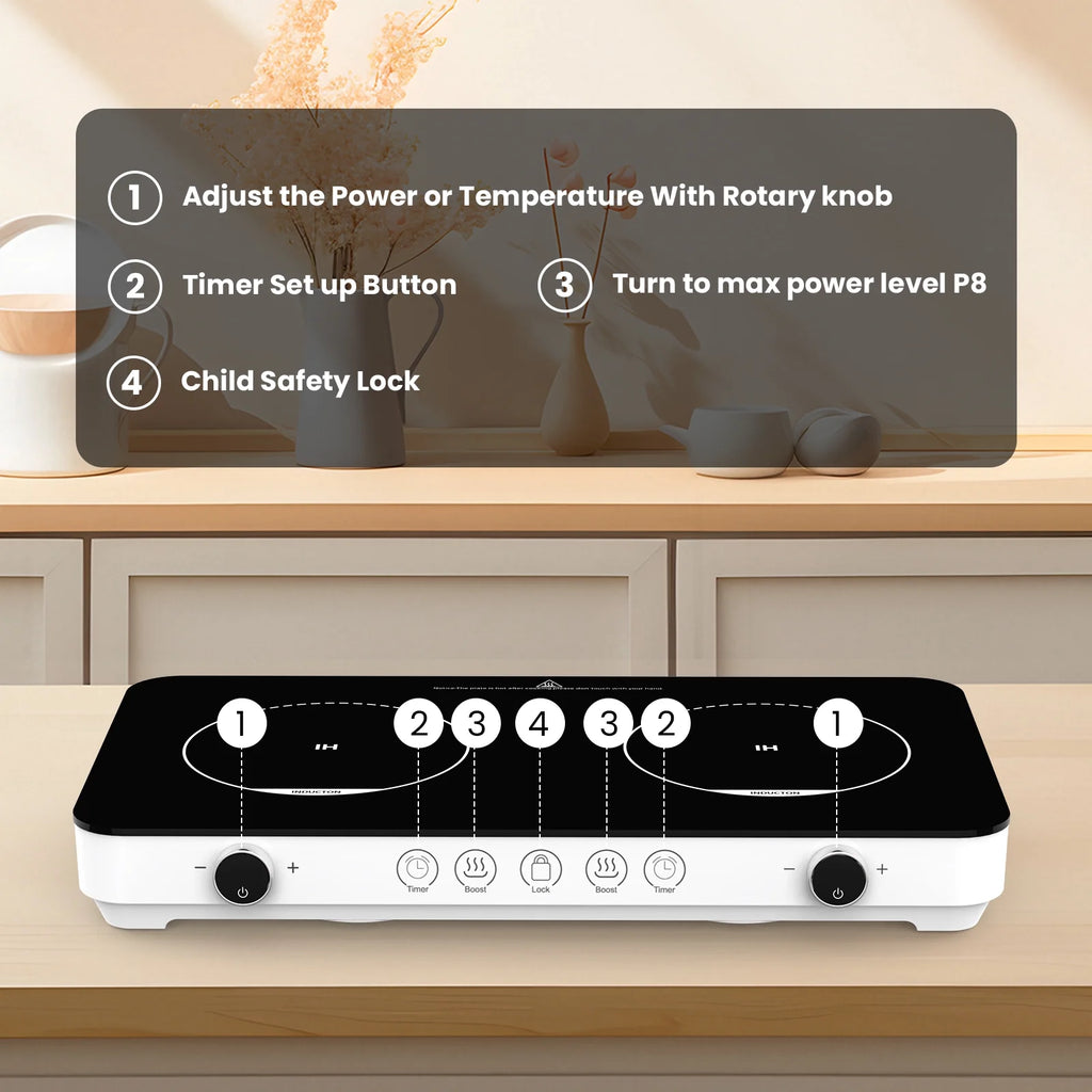 Advwin Double Induction Cooktop Burner, 1800W Portable Induction Cooktop with 8 Temperature & Power Levels, Timer, Child Lock, Independent 2 Burner Control, Ultra-Thin Design