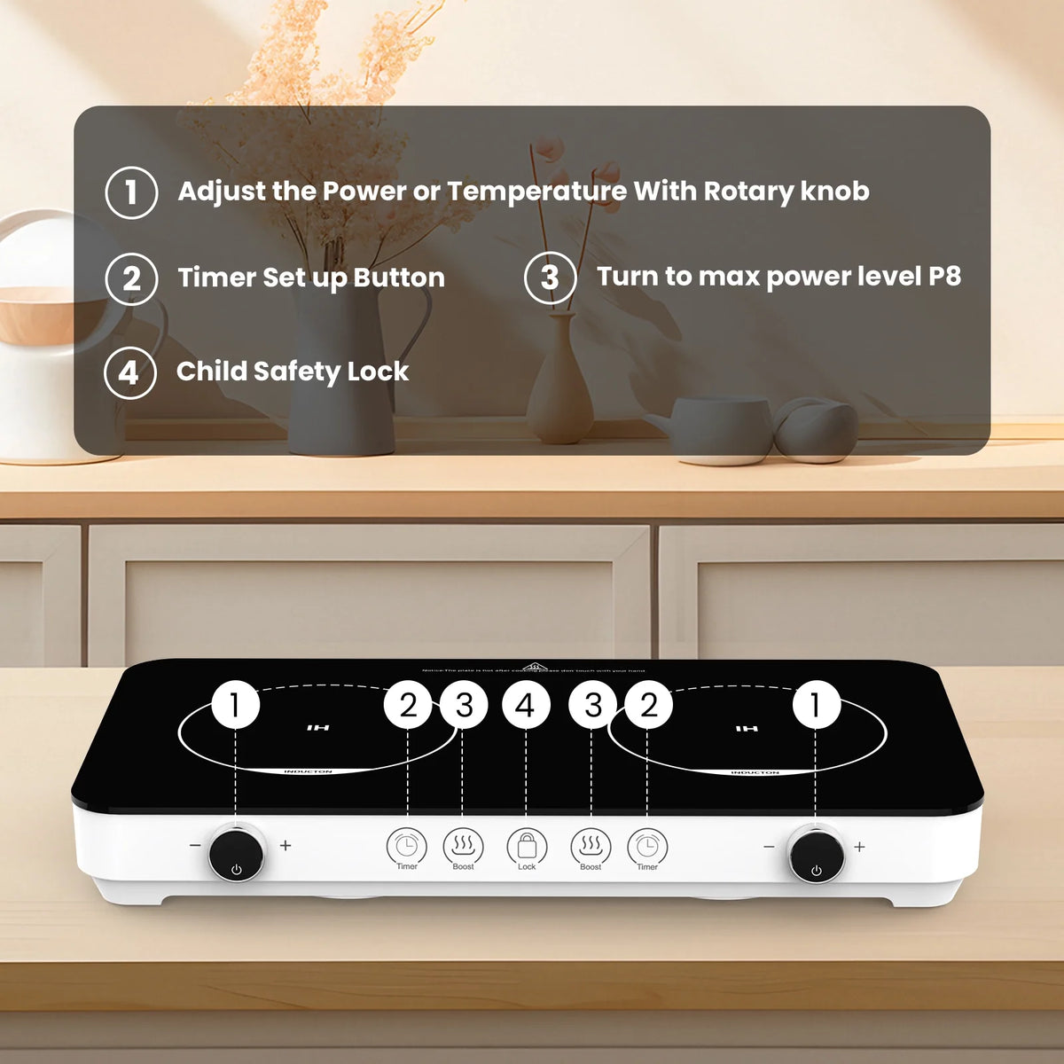 Advwin Double Induction Cooktop Burner, 1800W Portable Induction Cooktop with 8 Temperature & Power Levels, Timer, Child Lock, Independent 2 Burner Control, Ultra-Thin Design