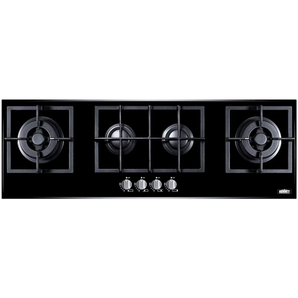4-burner island gas-on-glass cooktop with sealed burners and cast iron grates