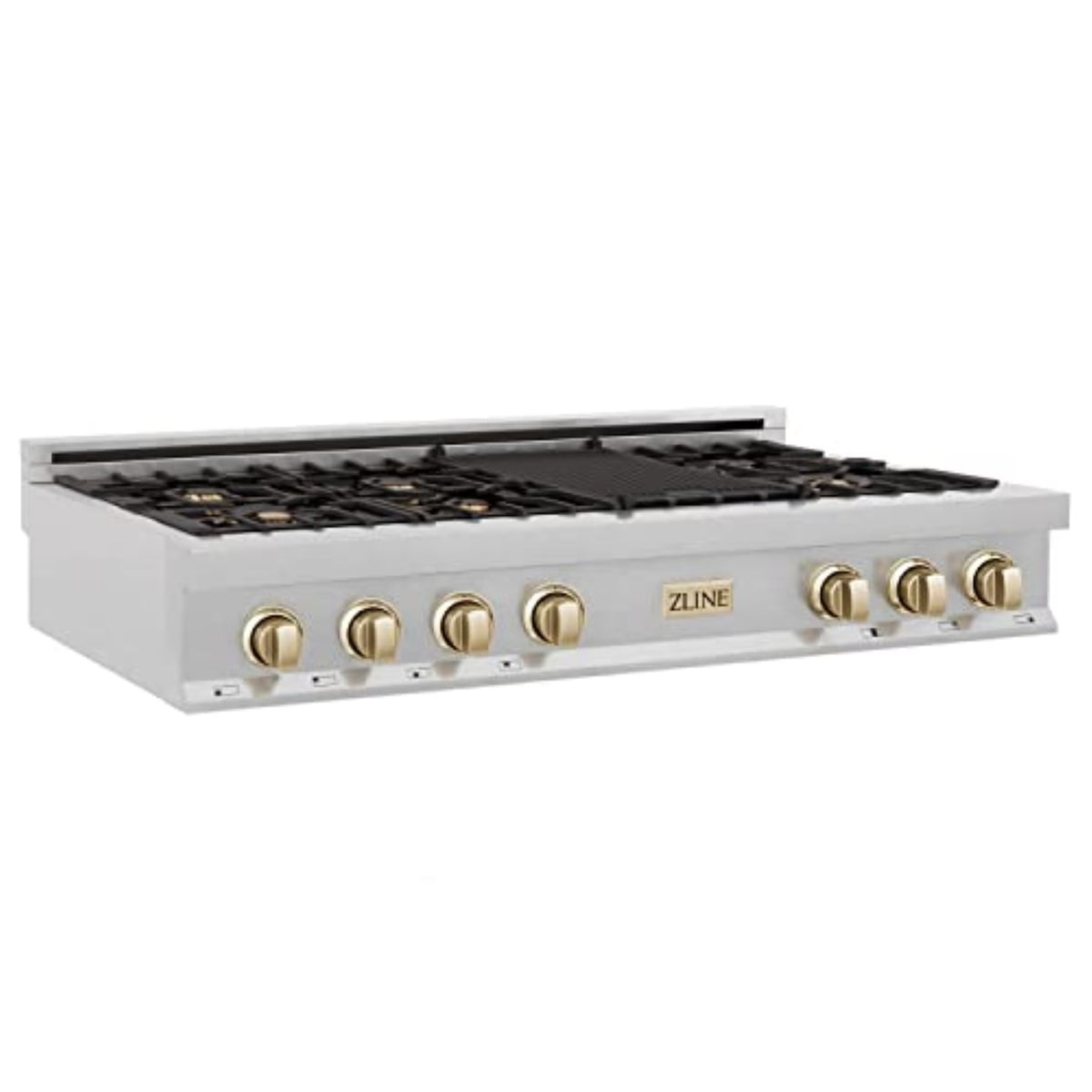 ZLINE Autograph Edition 48" Porcelain Rangetop with 7 Gas Burners in DuraSnow Stainless Steel and Champagne Bronze Accents (RTSZ-48-CB)