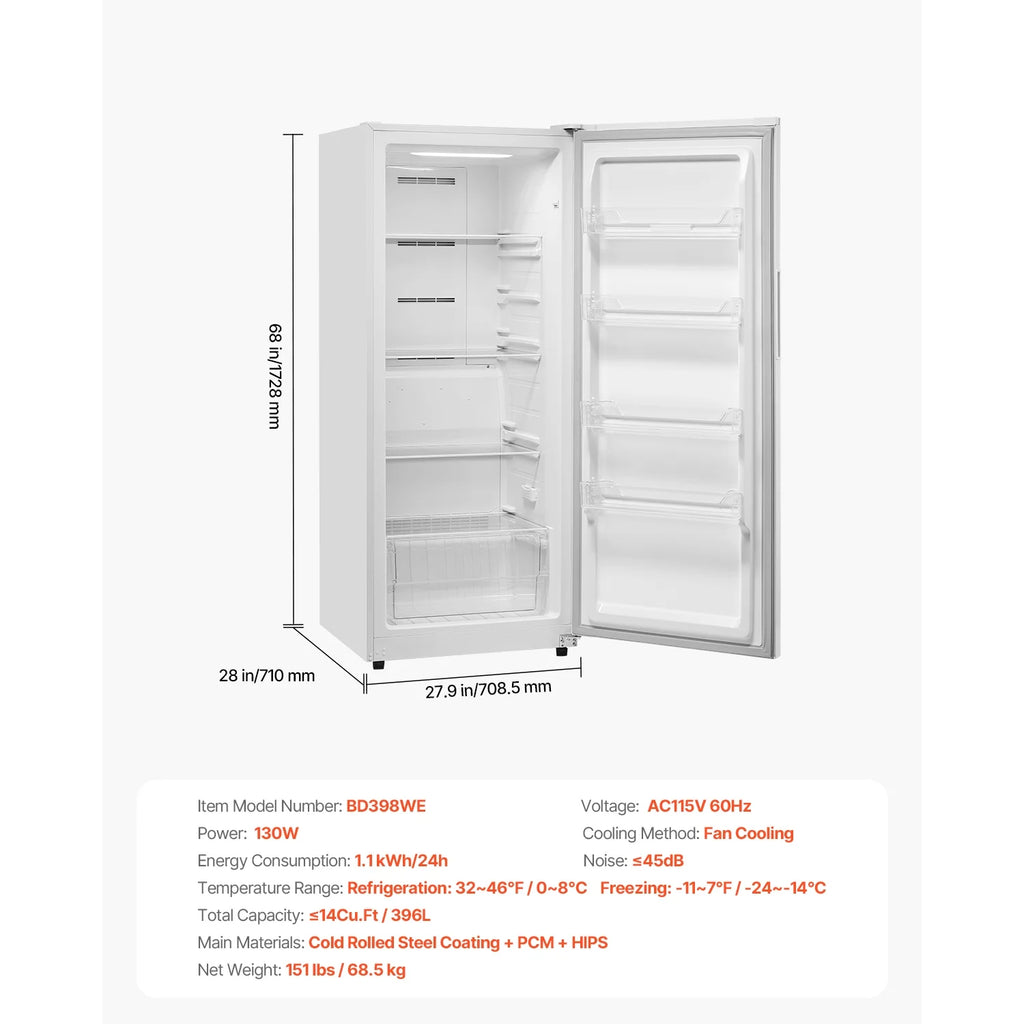 KFFKFF Convertible Upright Freezer/Refrigerator, 14 Cu.Ft Frost-Free Unit with Temperature Control, Door Alarm, Adjustable Shelves, and LED Lighting for Kitchen, Office, or Garage Use