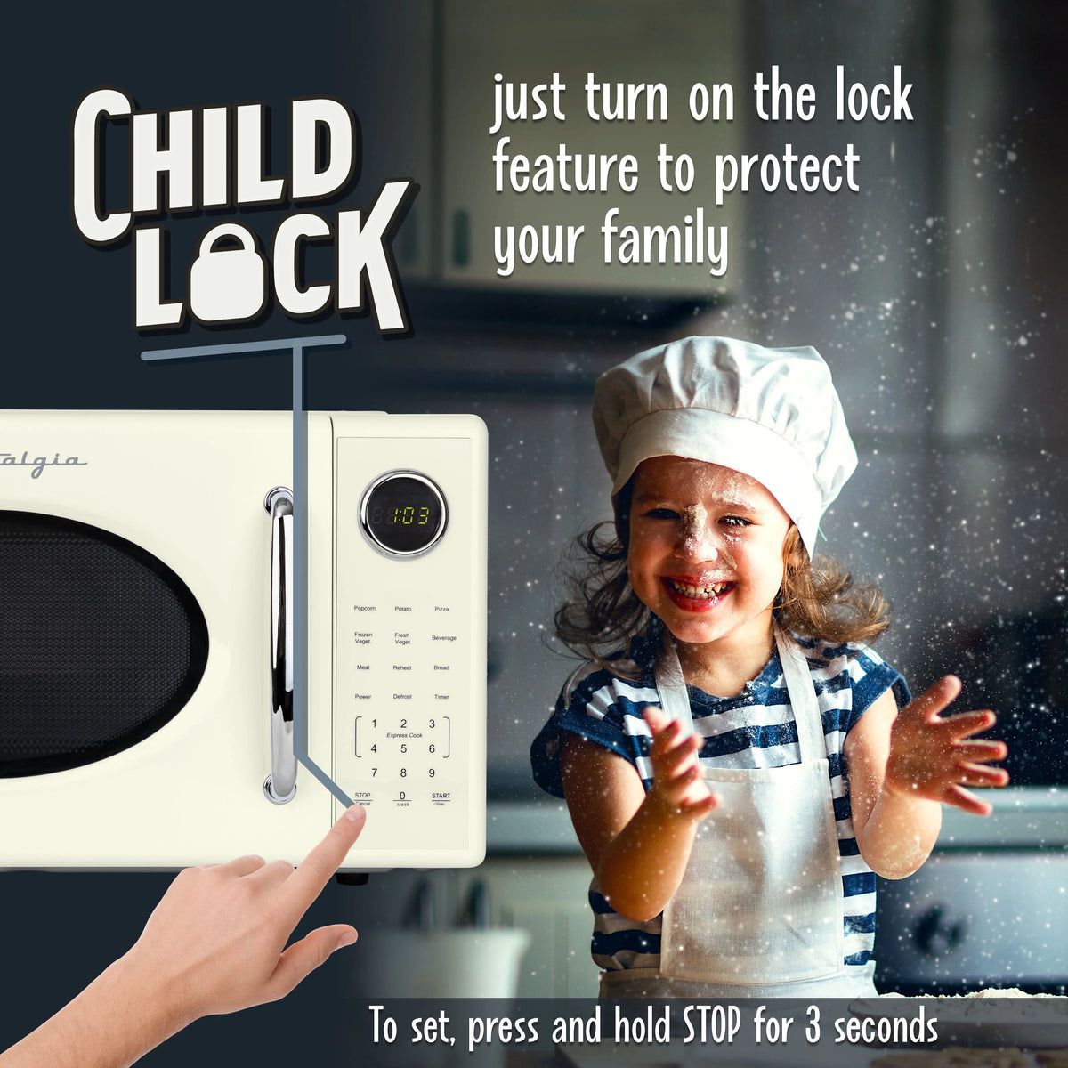 Nostalgia Retro Microwave Oven - 1.1 Cu Ft & 1000-Watt Countertop Size with Glass Turntable, Child Safety Lock, 8 Auto-Cook Programs & Digital Clock - Black