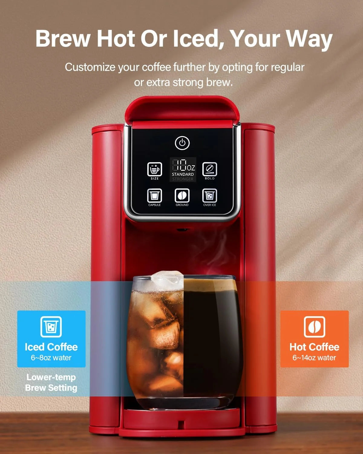 Single Serve Coffee Maker, Hot and Iced Coffee Machine for K-Cup Pods & Ground Coffee, 6 to 14 oz Brew Sizes, 50 oz Removable Water Tank, Bold Brew Setting, Stainless Steel, Black