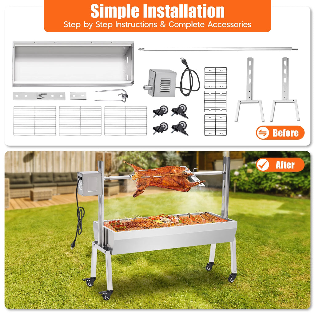 LUXOAK Electric BBQ Rotisserie Grill Kit, 46" 132 Lbs Capacity, 45W Motor, Height-Adjustable Stainless Steel Pig Roaster with Triangular Stability Support Stand for Pig Lamb
