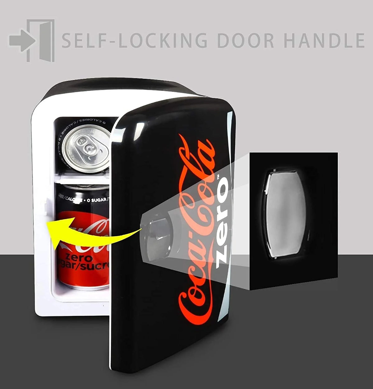 Coca-Cola Coke Zero 4L Portable Cooler/Warmer, Compact Personal Travel Fridge for Snacks Lunch Drinks Cosmetics, Includes 12V and AC Cords, Desk Accessory for Home Office Dorm Travel, Black
