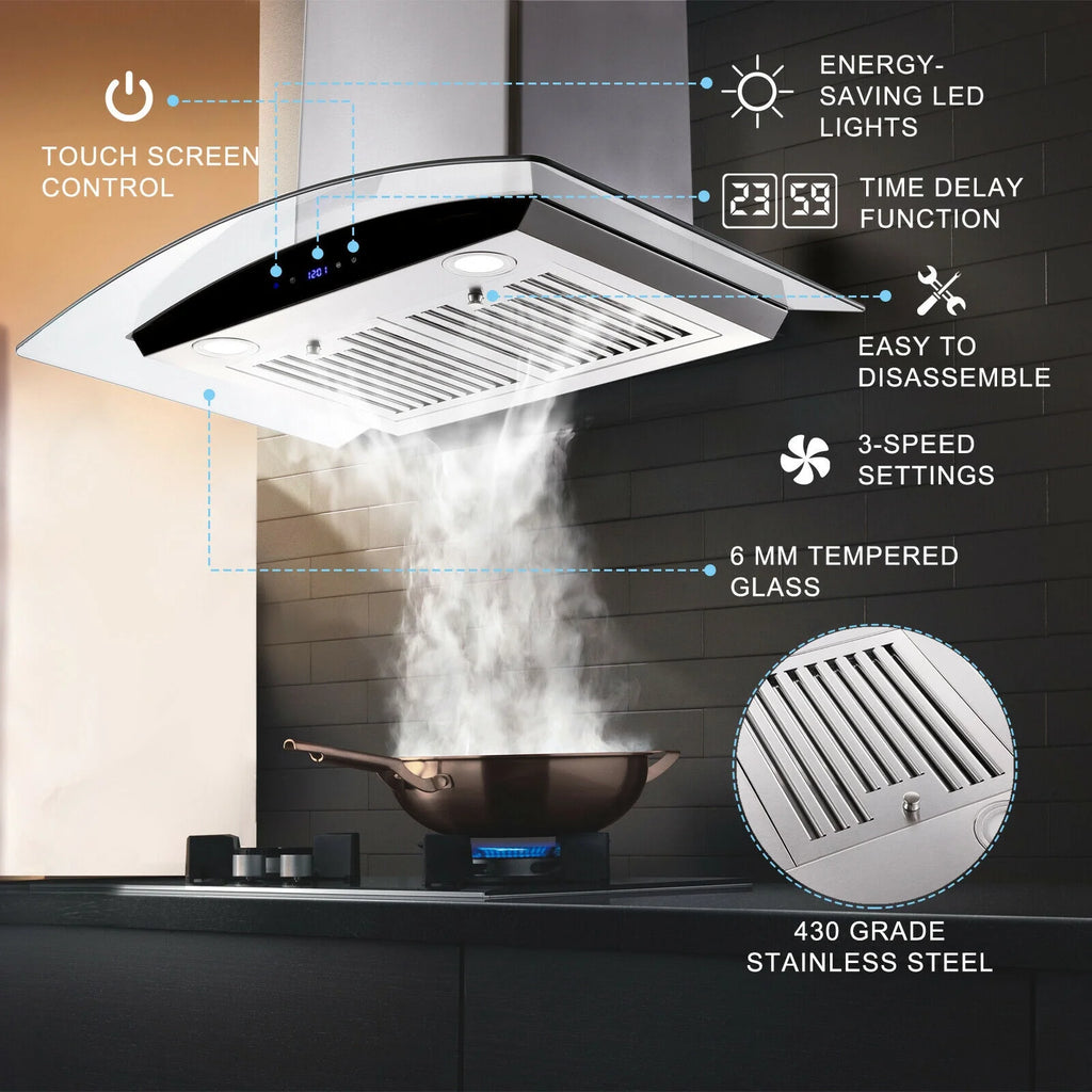 Tieasy 30 inch Wall Mount Range Hood Stainless Steel 700 CFM Black Touch Panel Kitchen Vent Fan