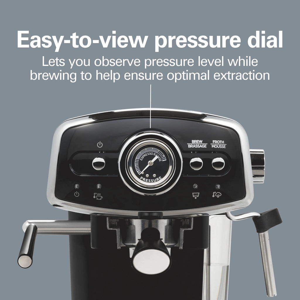 Hamilton Beach 15-Bar, 2 Cup Espresso Machine, Slide & Lock Espresso Maker with Milk Frother, Black & Chrome
