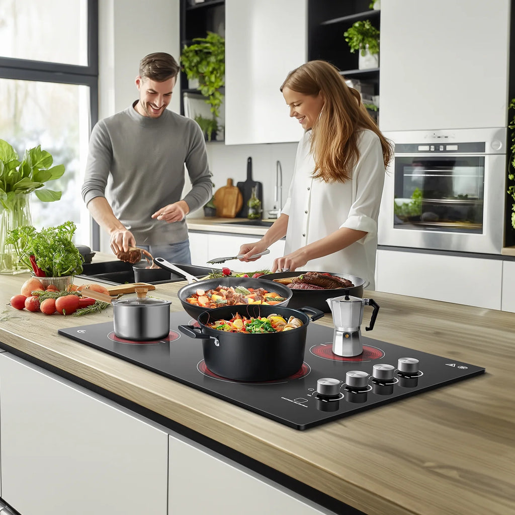 30 Inch Electric Cooktop 4 Burners, Sumaki Built-in Electric Burner with 4 Burners, 240V Power Control by Knob, 7000W Electric Stove with Hot Surface Indicator