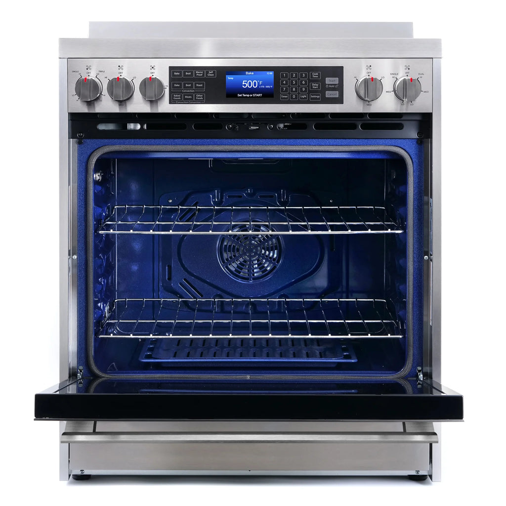 Cosmo 4 Piece Kitchen Appliance Package with 30" Freestanding Electric Range 30" Under Cabinet Range Hood 24" Built-in Integrated Dishwasher & French Door Refrigerator Kitchen Appliance Bundles