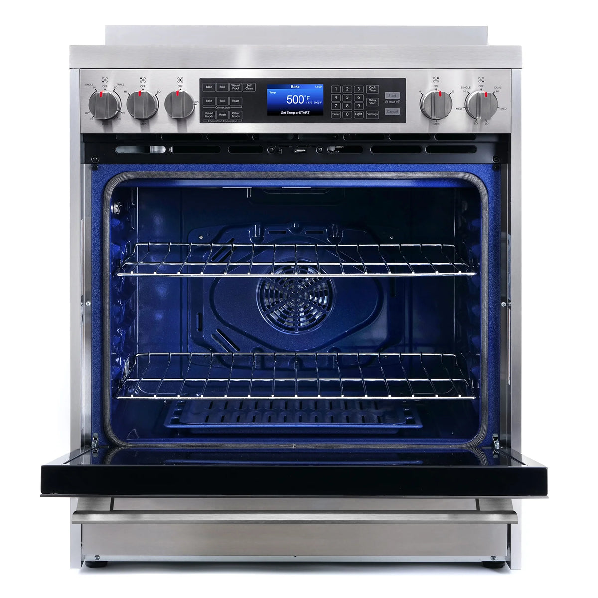 Cosmo 4 Piece Kitchen Appliance Package with 30" Freestanding Electric Range 30" Under Cabinet Range Hood 24" Built-in Integrated Dishwasher & French Door Refrigerator Kitchen Appliance Bundles