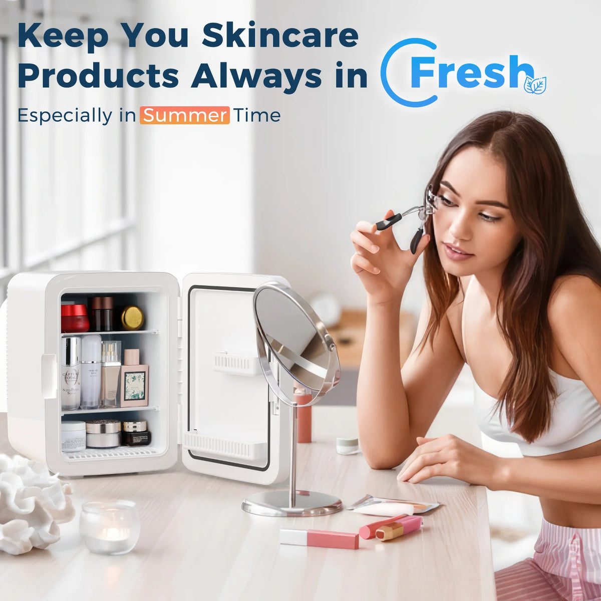 ?FREE VILLAGE Compact Mini Fridge, 10L Portable Small Refrigerator, 2.6 Gal Mini Fridge with AC/DC Adapters, Small Cosmetics Cooler for Beverage, Food, Makeup, Bedroom, Office, Dorm, White