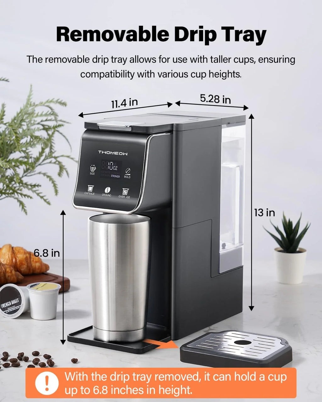 K Cup Coffee Maker With Bold Setting, Single Serve Hot & Iced Coffee Maker for K-Cup and Grounds, 52oz Removable Water Tank, 6 to14oz Brew Sizes, Pod Coffee Machine With Reusable Filter, Gray