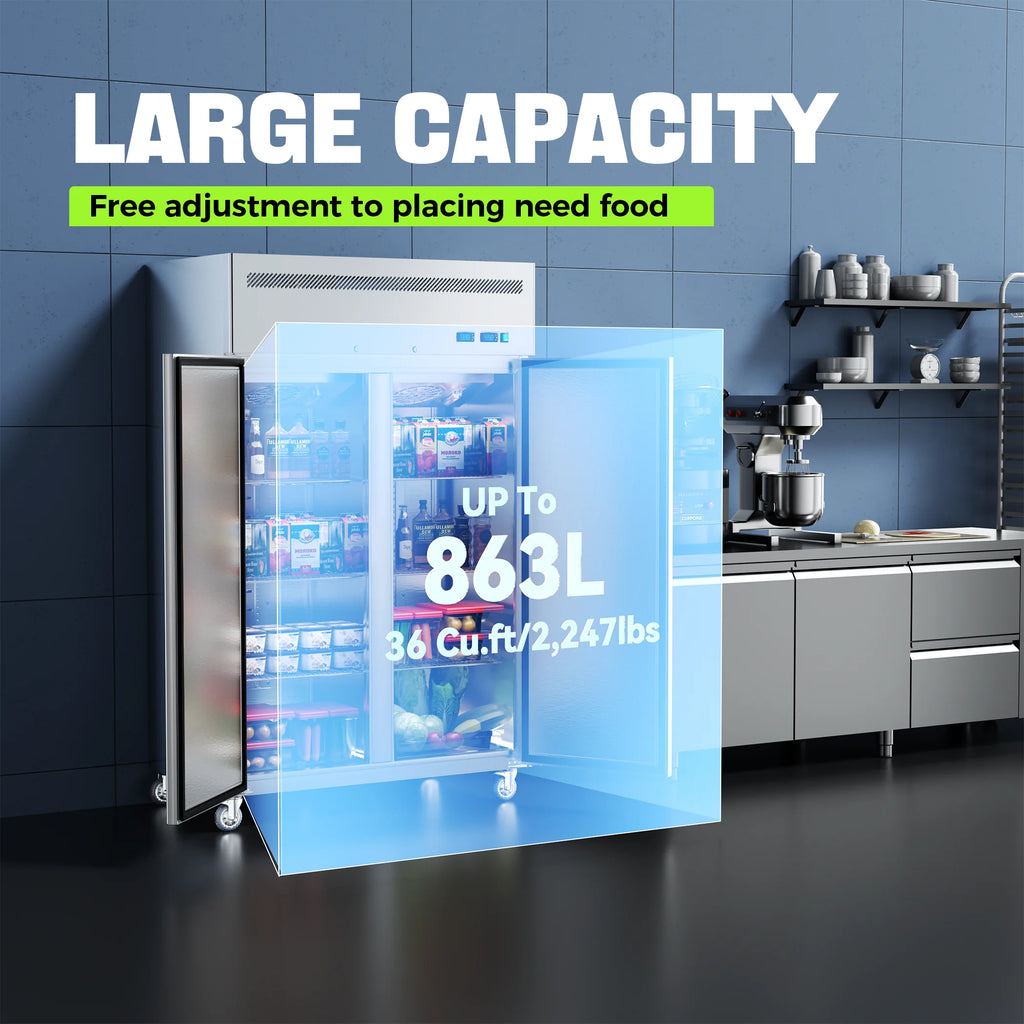 Coolake Commercial Refrigerator And Freezer Combo, 48" W Dual Temperature Zones, 36 Cu.ft 2 Door
