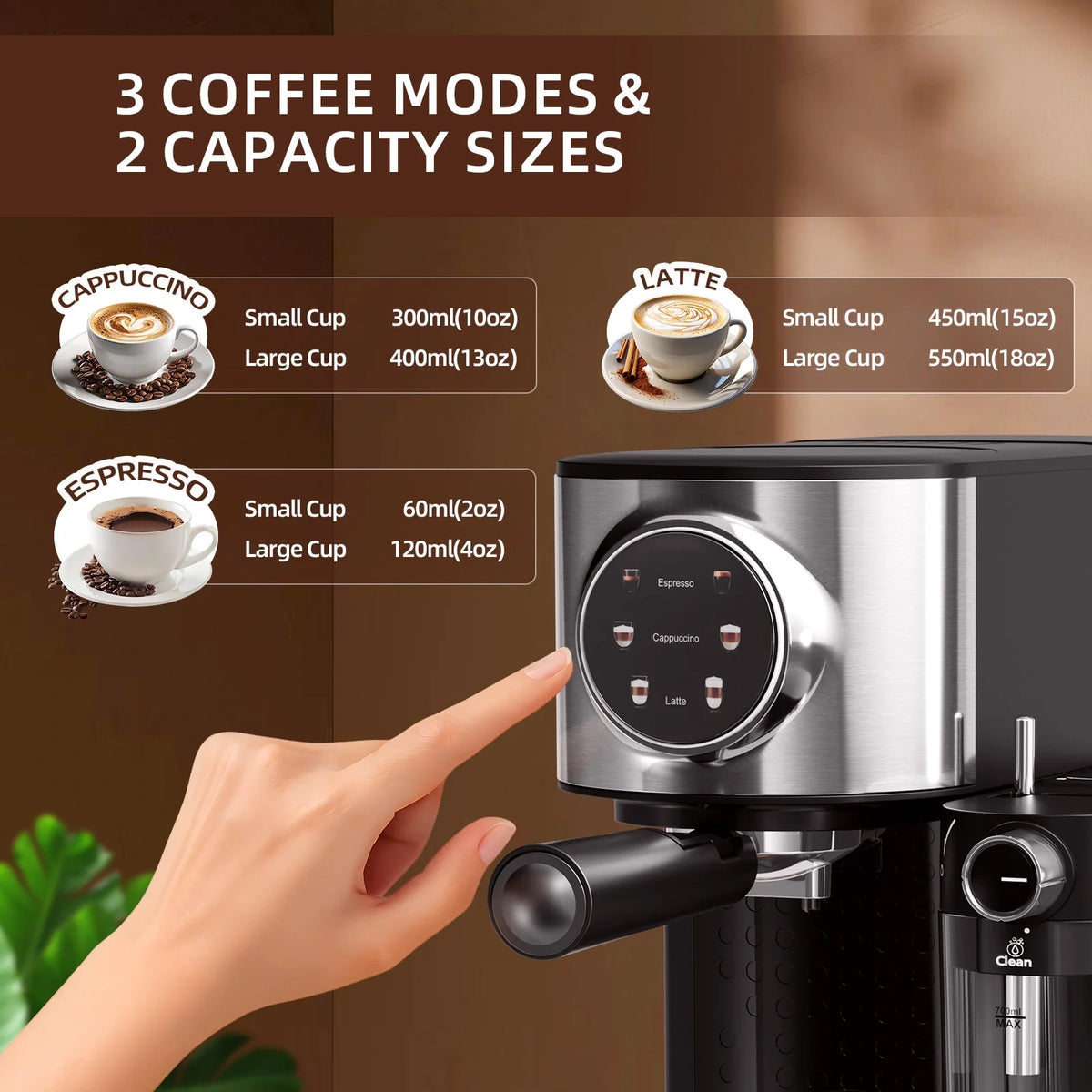 Auseo 20 Bar Espresso Machines, Espresso Coffee Maker with Milk Frother Steam Wand, Ground Coffee & Capsules, Black and Stainless Finish, Espresso/Cappuccino/Latte/Mocha for Home