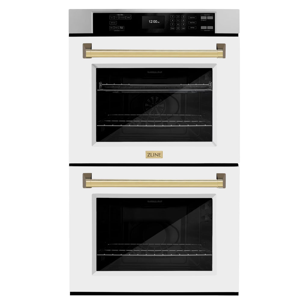 ZLINE 30 in. Autograph Edition Professional Convection Double Wall Oven with Air Fry and Self Clean in Stainless Steel with White Matte Doors and Polished Gold Handles (WADZ-WM-30-G)