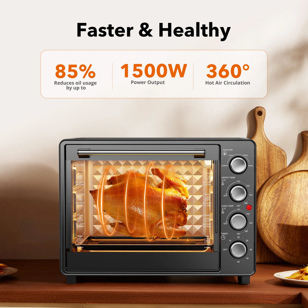 34 QT Super-Large  Air Fryer, Oil-Less Air Fryer Toaster Oven Combo with Pizza, Warm, Broil, Toast, Bake, Air Fry, 5  Functions - Black