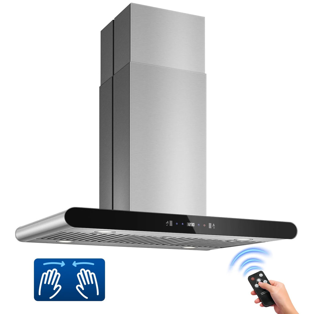 Island Range Hood 30 Inch 700 CFM kitchen Hood with Dual-Sided Touch Gesture Remote Control Ceiling Mount Convertible Ducted/Ductless 3-Speed Fan 3 Stainless Steel Baffle Filters