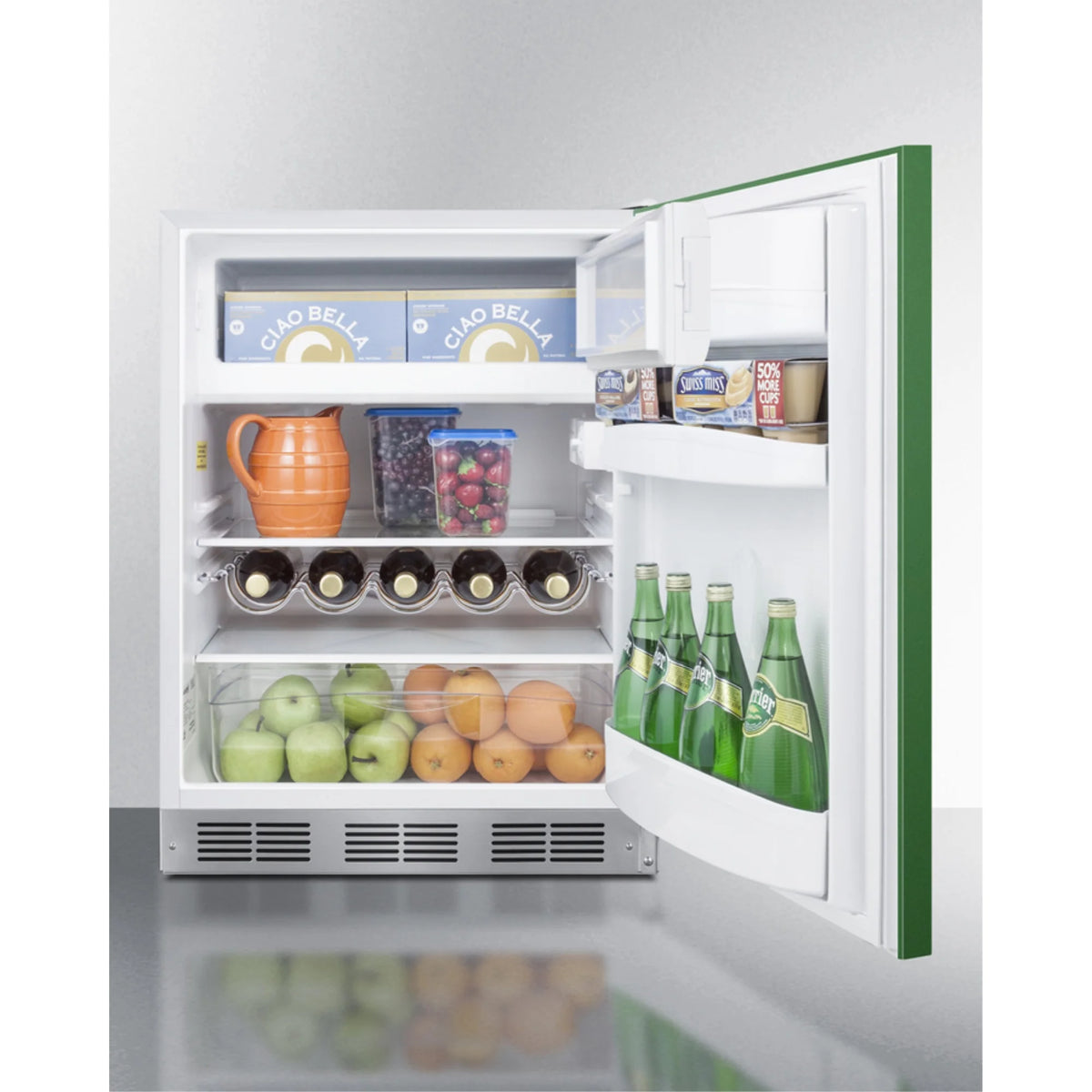 ADA height 24" refrigerator-freezer for residential use with emerald green door, stainless steel handle, and white cabinet