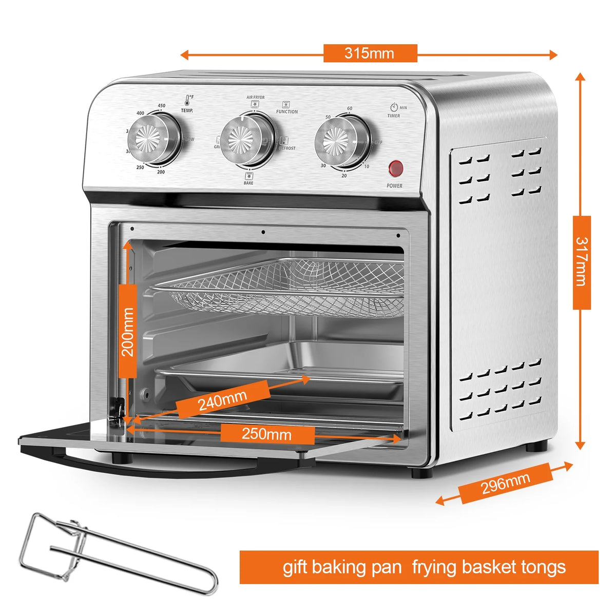 Plum Chef 13QT Air Fryer Toaster Oven Combo, 7-in-1 Multifunctional Countertop Oven with 360�� Hot Air Circulation for Healthy Oil-Free Cooking, Family Size, Stainless Steel, Silver