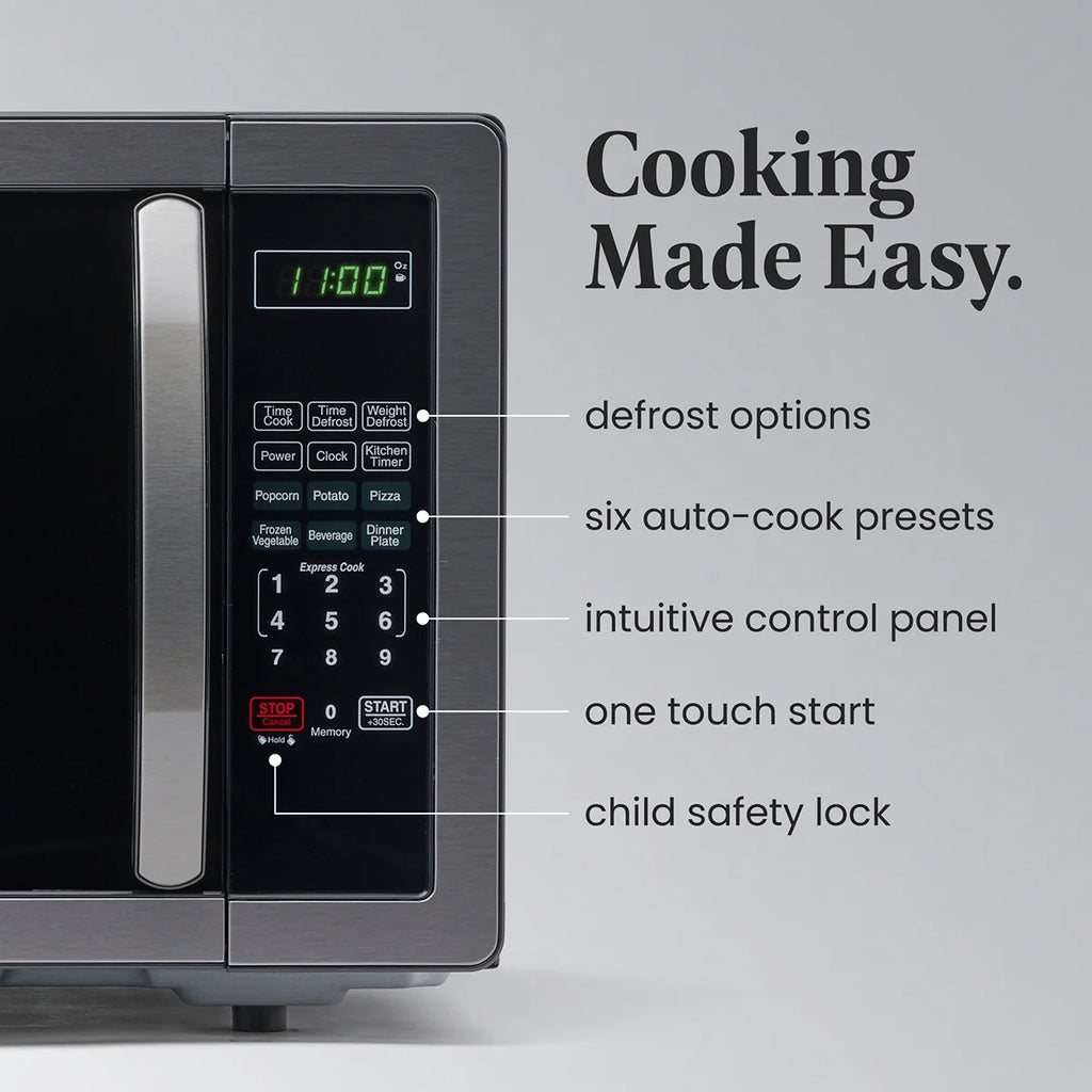 Farberware Stainless Steel Countertop Microwave Oven with Child Lock, 1.1 Cu Ft Black Stainless