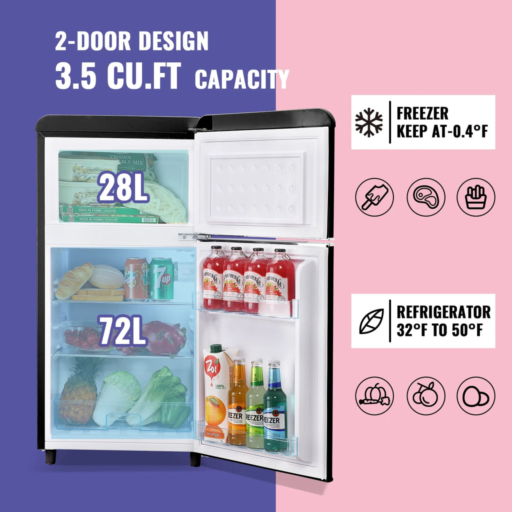 DEMULLER Mini Fridge with Freezer Compact Retro Refrigerator Dual Door Black-YX-100 19 inches Wide