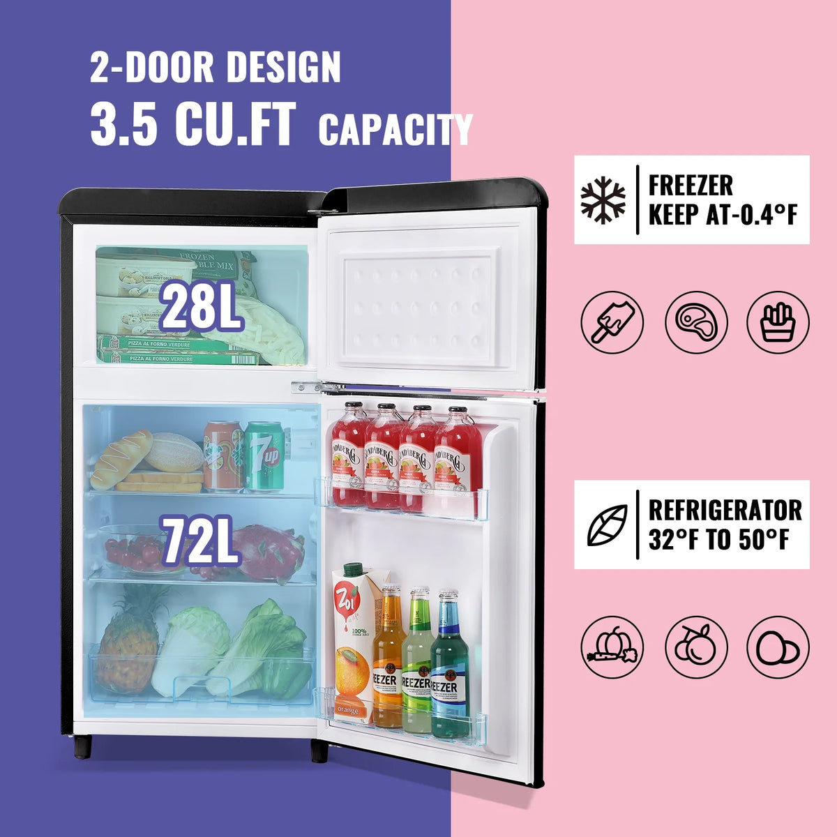 DEMULLER Mini Fridge with Freezer Compact Retro Refrigerator Dual Door Black-YX-100 19 inches Wide