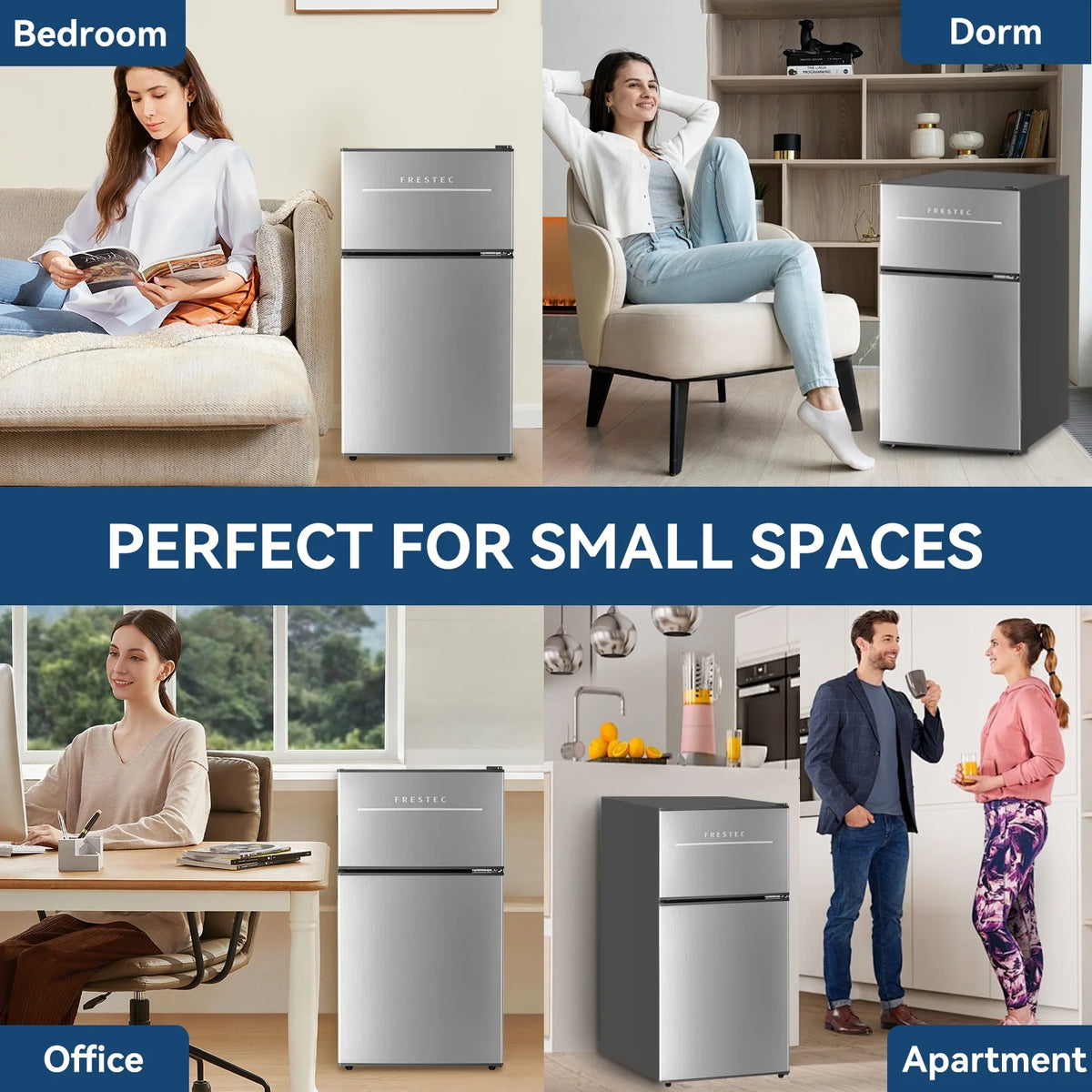 Frestec 2-Door Mini Fridge - 3.2 Cu Ft, Energy Star Rated, Perfect for Dorm or Apartment,Stainless Steel